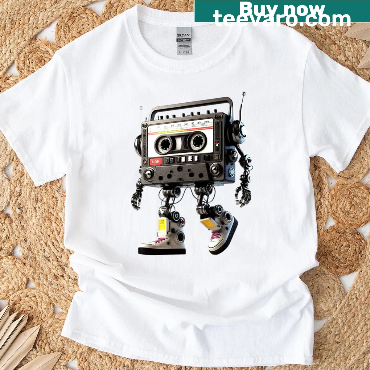 Retro Robot Cassette t-shirt featuring a vintage music motif. — on a men's t-shirt