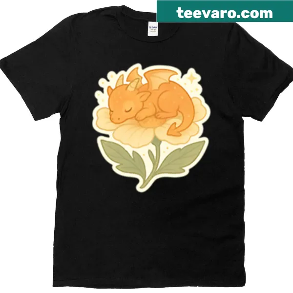 Illustration of a sleeping flower dragon on an oversized T-shirt