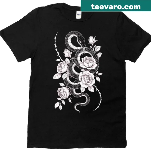 Illustration of a snake entwined with roses on a t-shirt