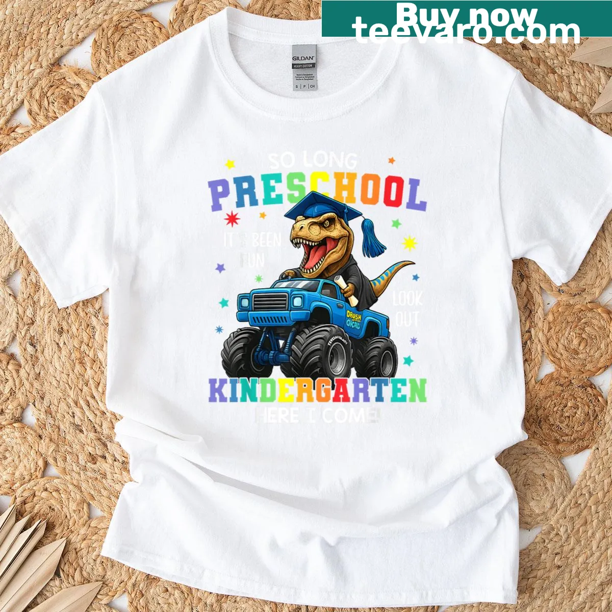 Dinosaur graphic t-shirt for preschool graduation with 2025 text — on a men's t-shirt