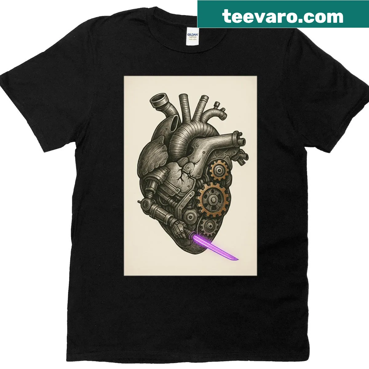 Illustrative design of steampunk gears forming a heart on an oversized t-shirt — on a men's t-shirt