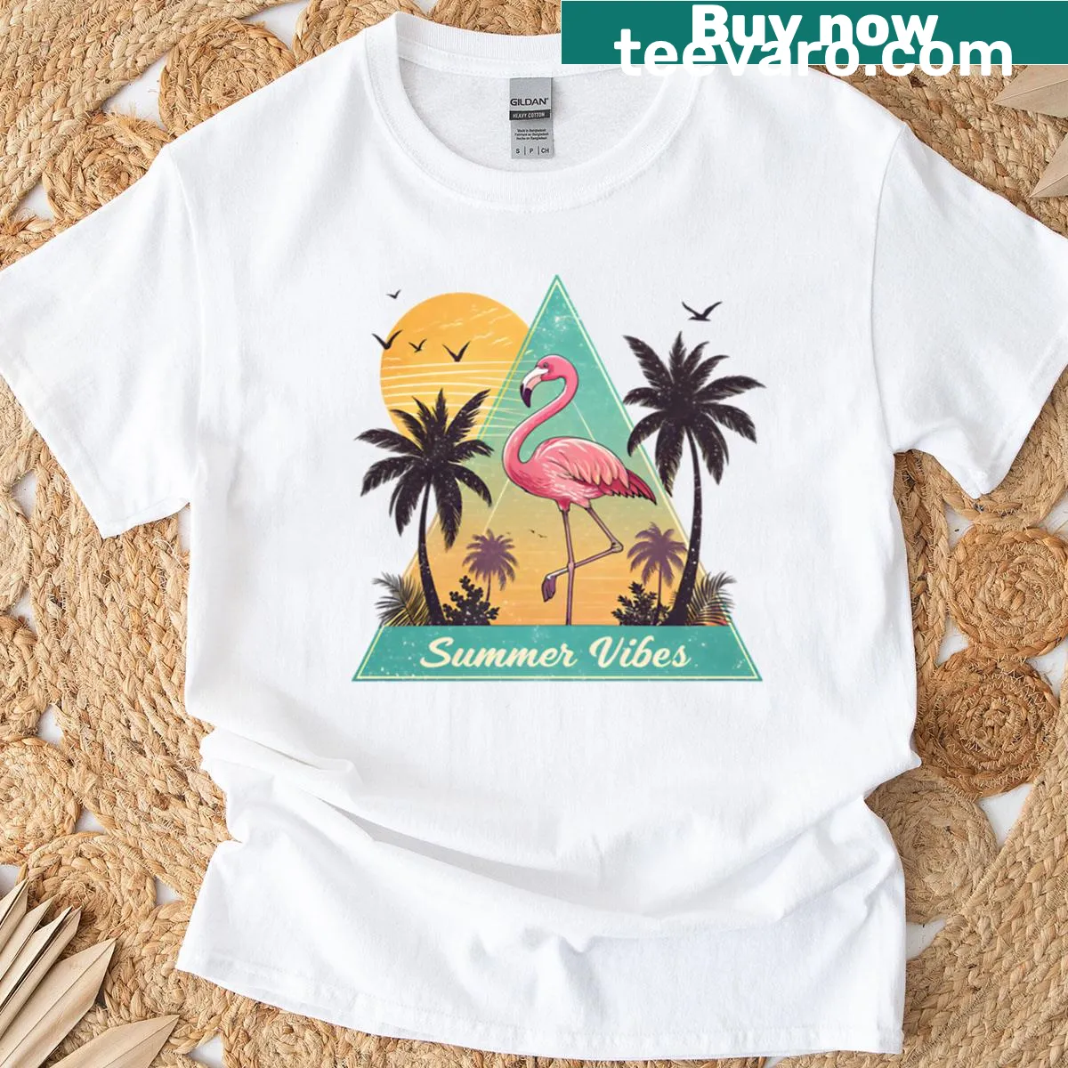 Vintage Flamingo t-shirt featuring a summer sunset design — on a men's t-shirt