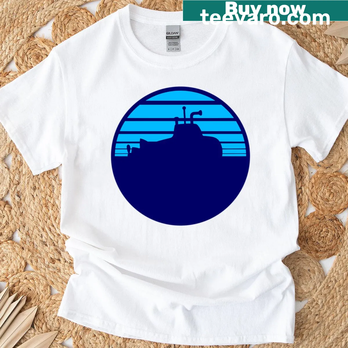 Submarine t-shirt featuring an above-water dive boat graphic — on a men's t-shirt
