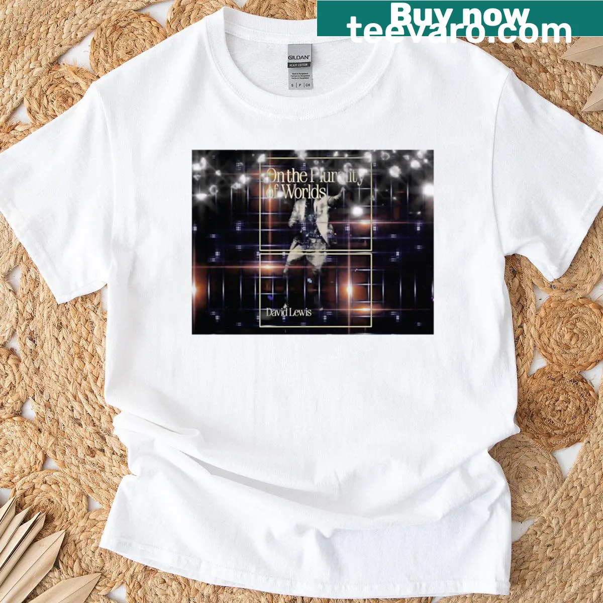 T-shirt featuring abstract multiverse-themed design and text — on a men's t-shirt