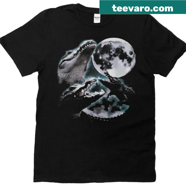 Funny T-shirt featuring three cartoon alligators under a large moon