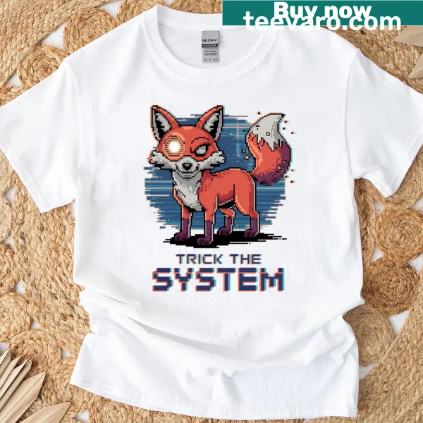 Oversized t-shirt featuring pixel art of a mischievous fox