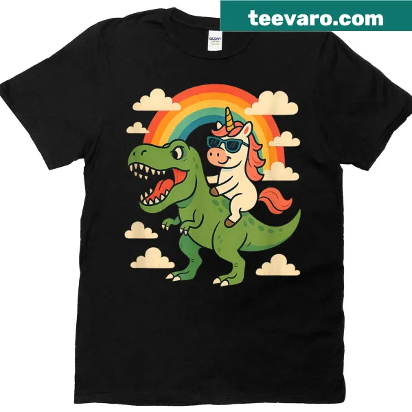 Playful cartoon graphic of a unicorn riding a T-rex on T-shirt