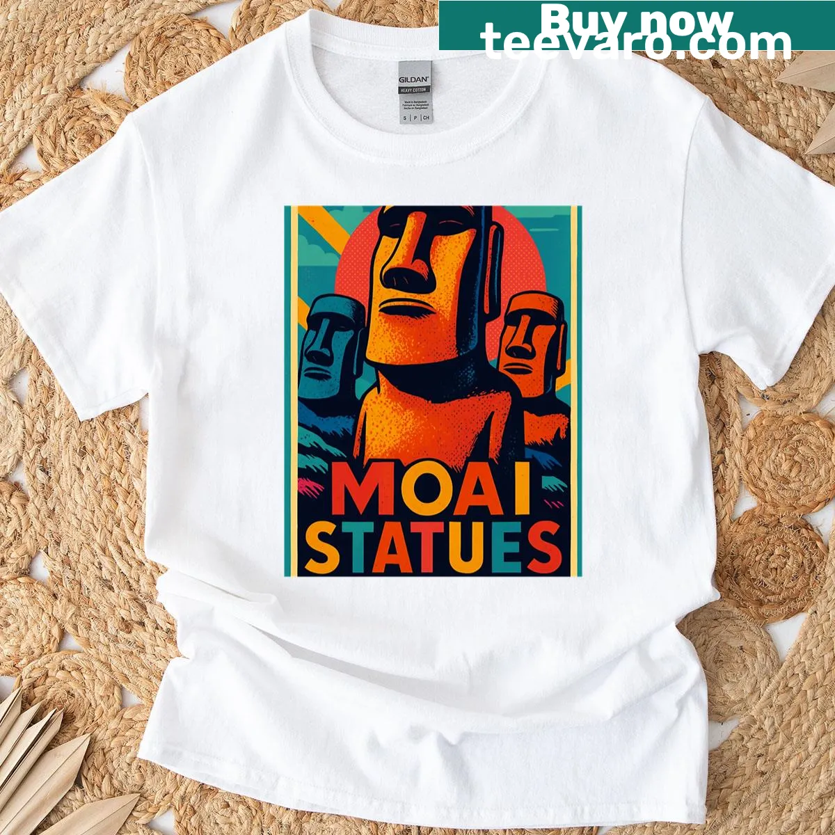 Retro pop art T-shirt featuring Moai statues from Easter Island — on a men's t-shirt