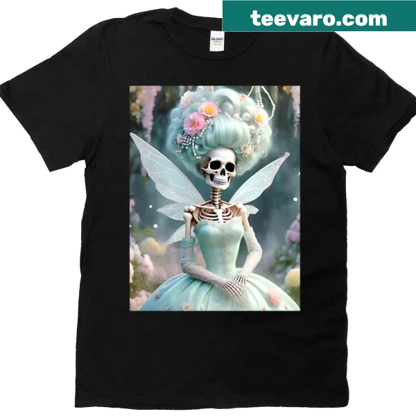 Illustration of a skeletal fairy adorned with pearls on a T-shirt