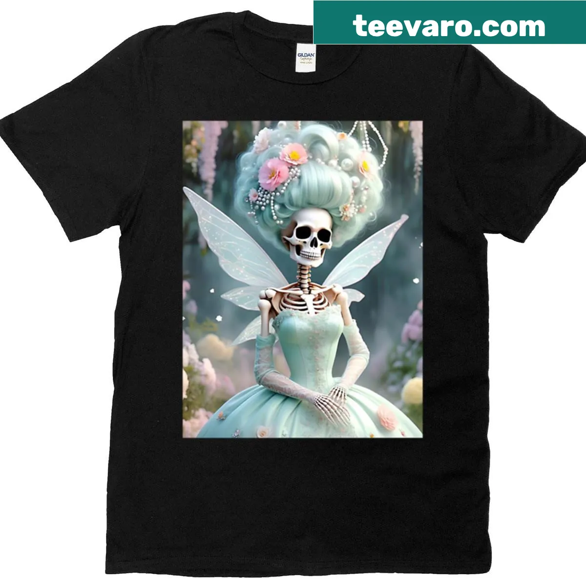 Illustration of a skeletal fairy adorned with pearls on a T-shirt — on a men's t-shirt