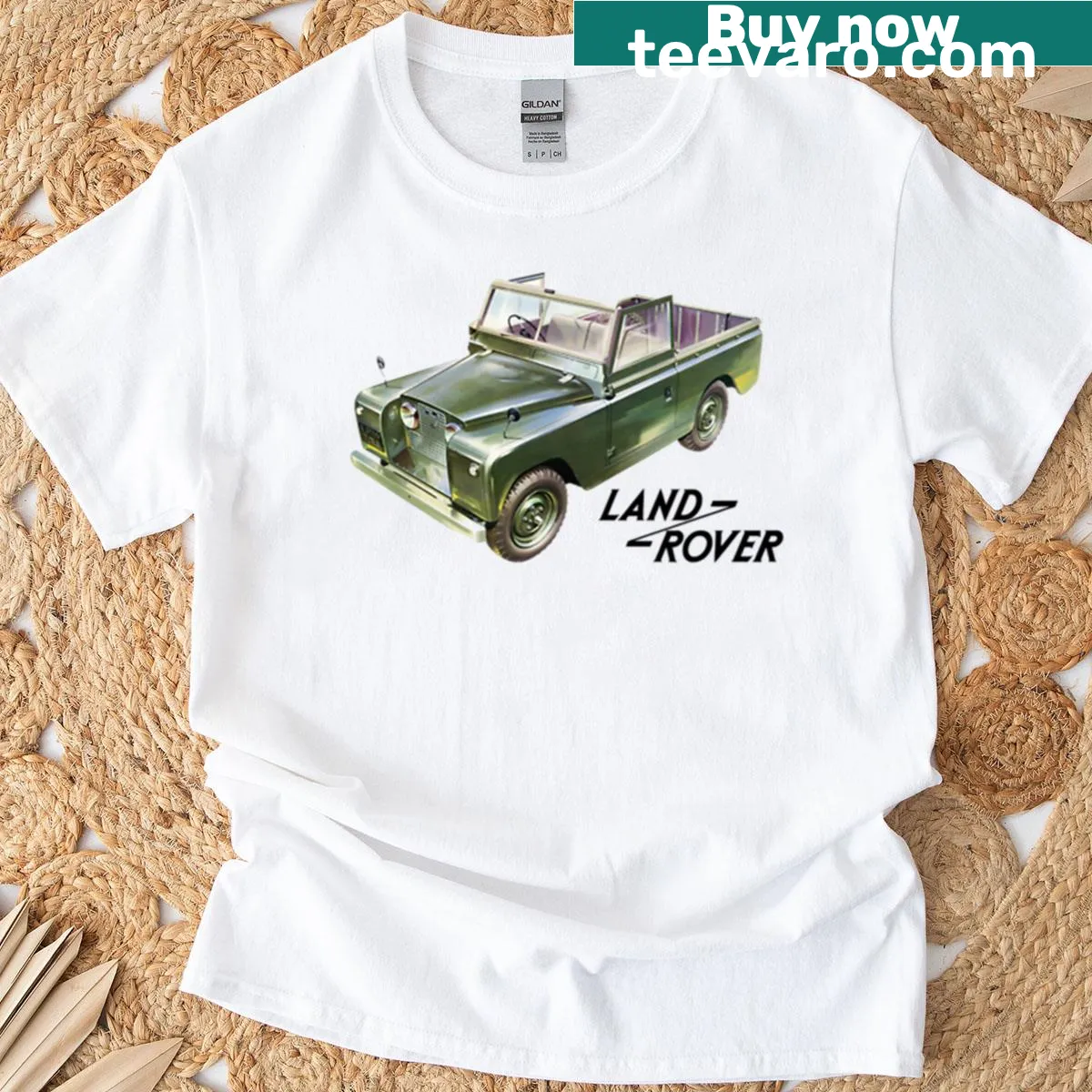 Vintage graphic of a British 4x4 vehicle on a t-shirt — on a men's t-shirt