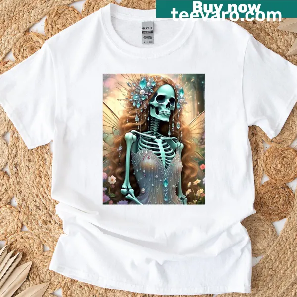 Vintage illustration of a skeletal fairy with floral elements on a t-shirt