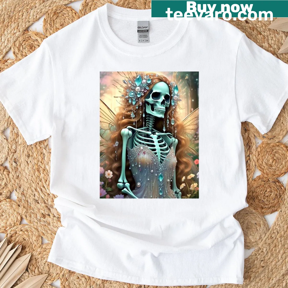 Vintage illustration of a skeletal fairy with floral elements on a t-shirt — on a men's t-shirt