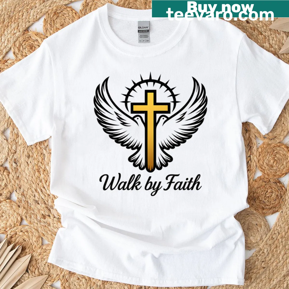 Inspirational T-shirt with the phrase 'Walk By Faith' — on a men's t-shirt
