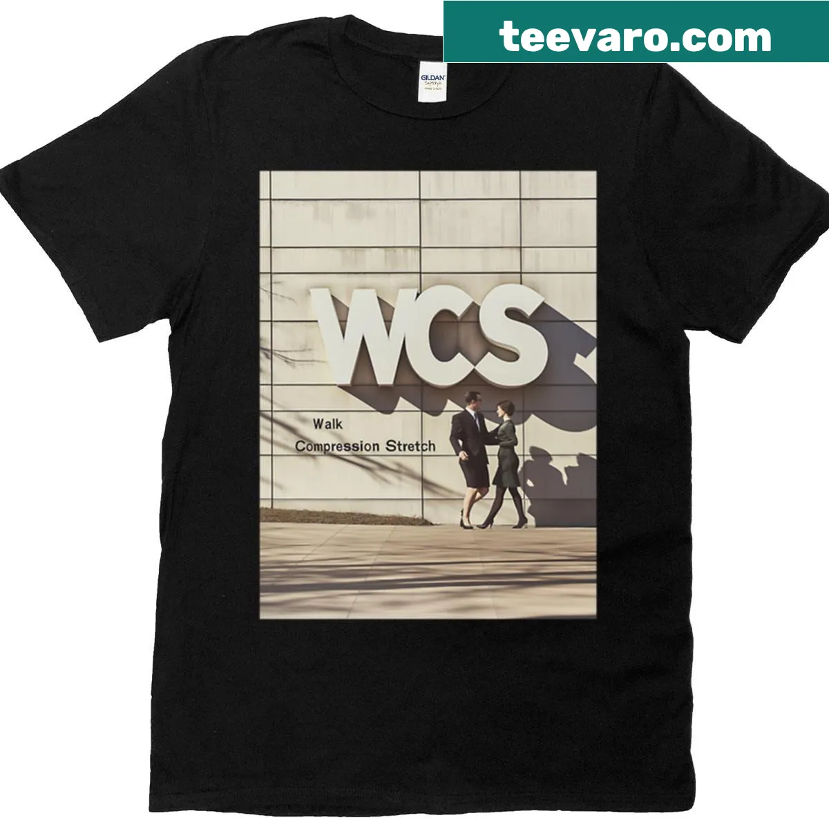 Illustrated T-shirt featuring dancers in front of a wall — on a men's t-shirt