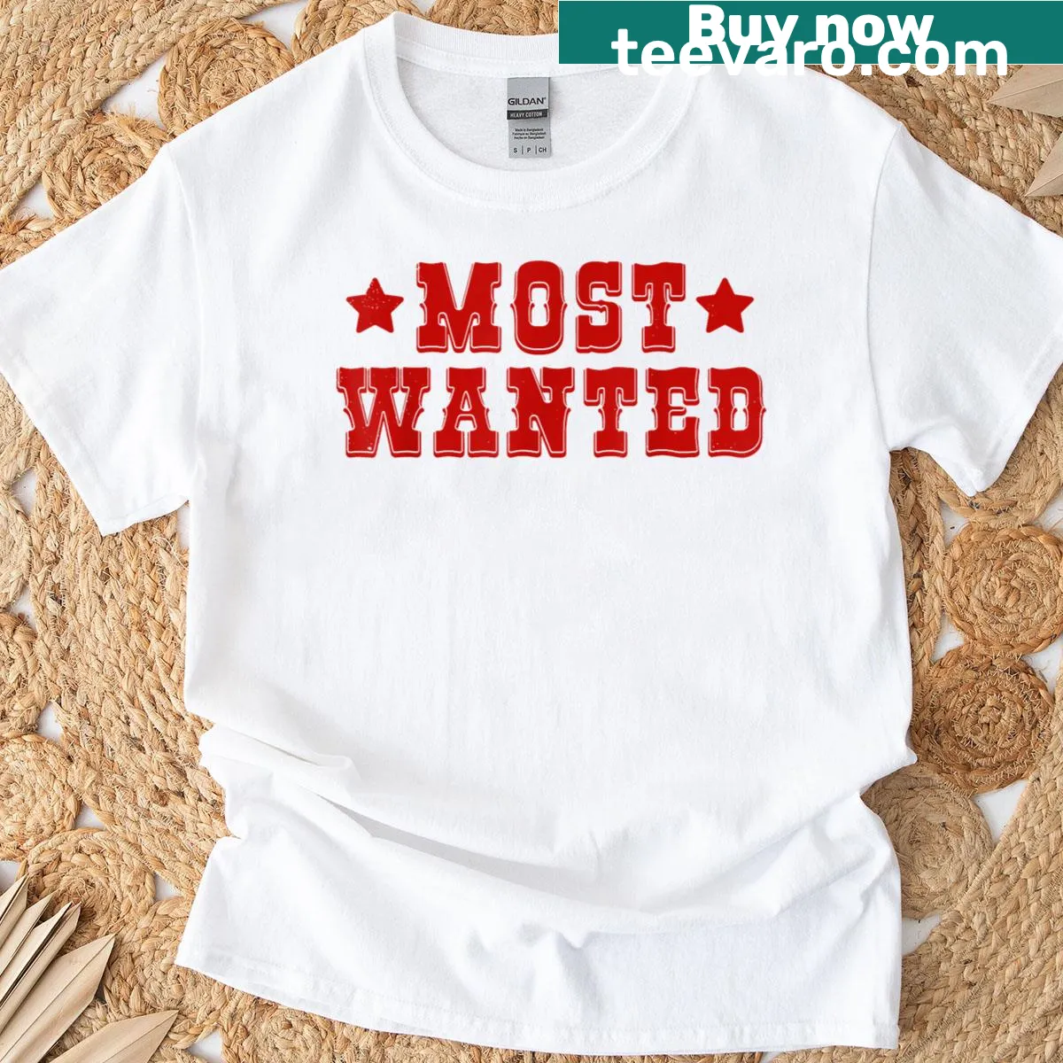 Western-themed T-shirt with 'Most Wanted' text for country music fans — on a men's t-shirt