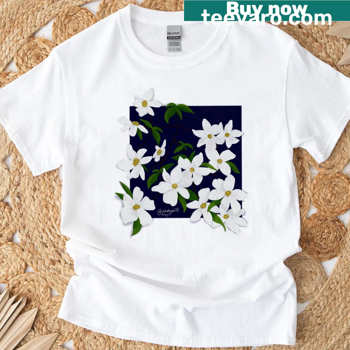 Illustrated T-shirt featuring Western Dogwood flowers — on a men's t-shirt
