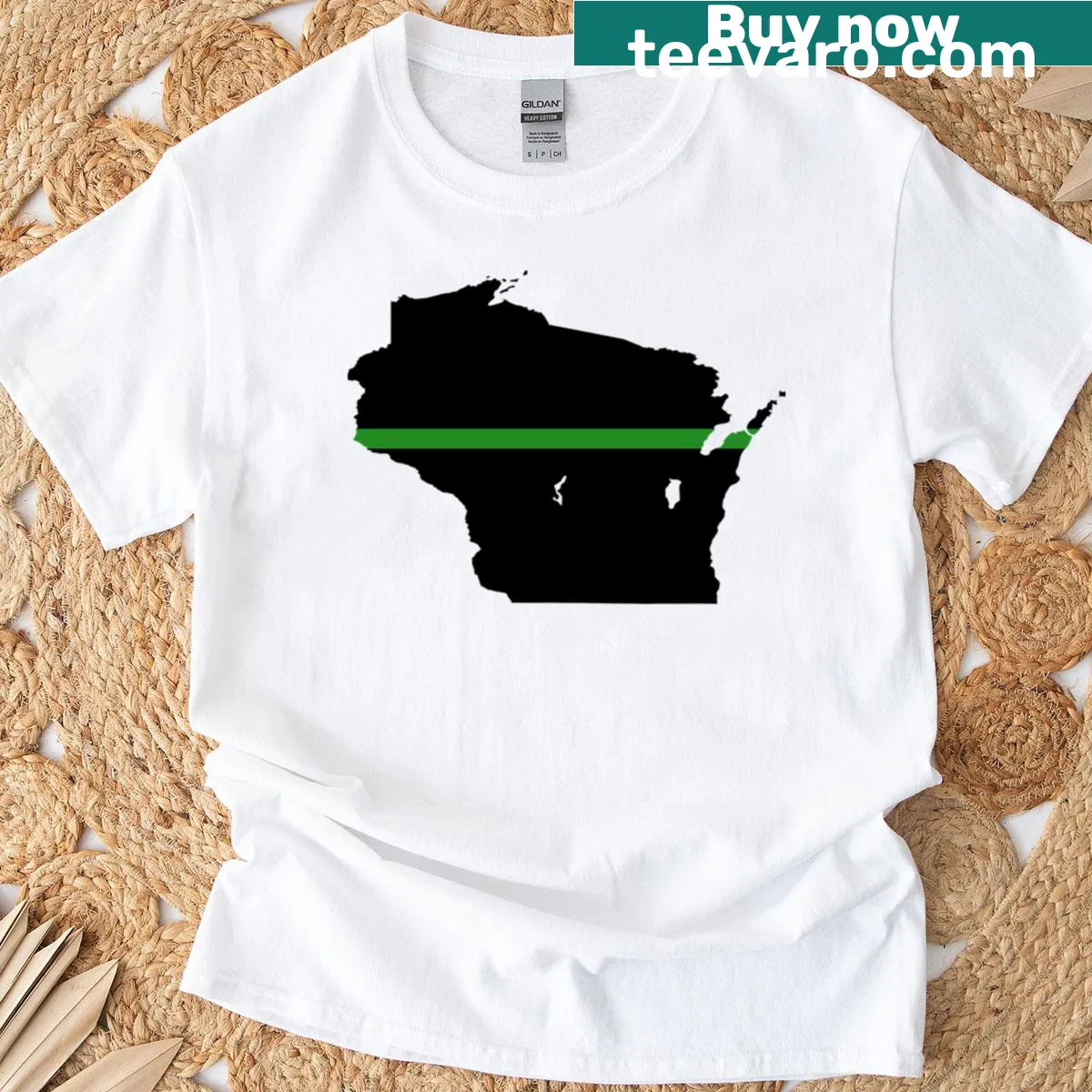 Wisconsin-themed T-shirt with thin green line graphic — on a men's t-shirt