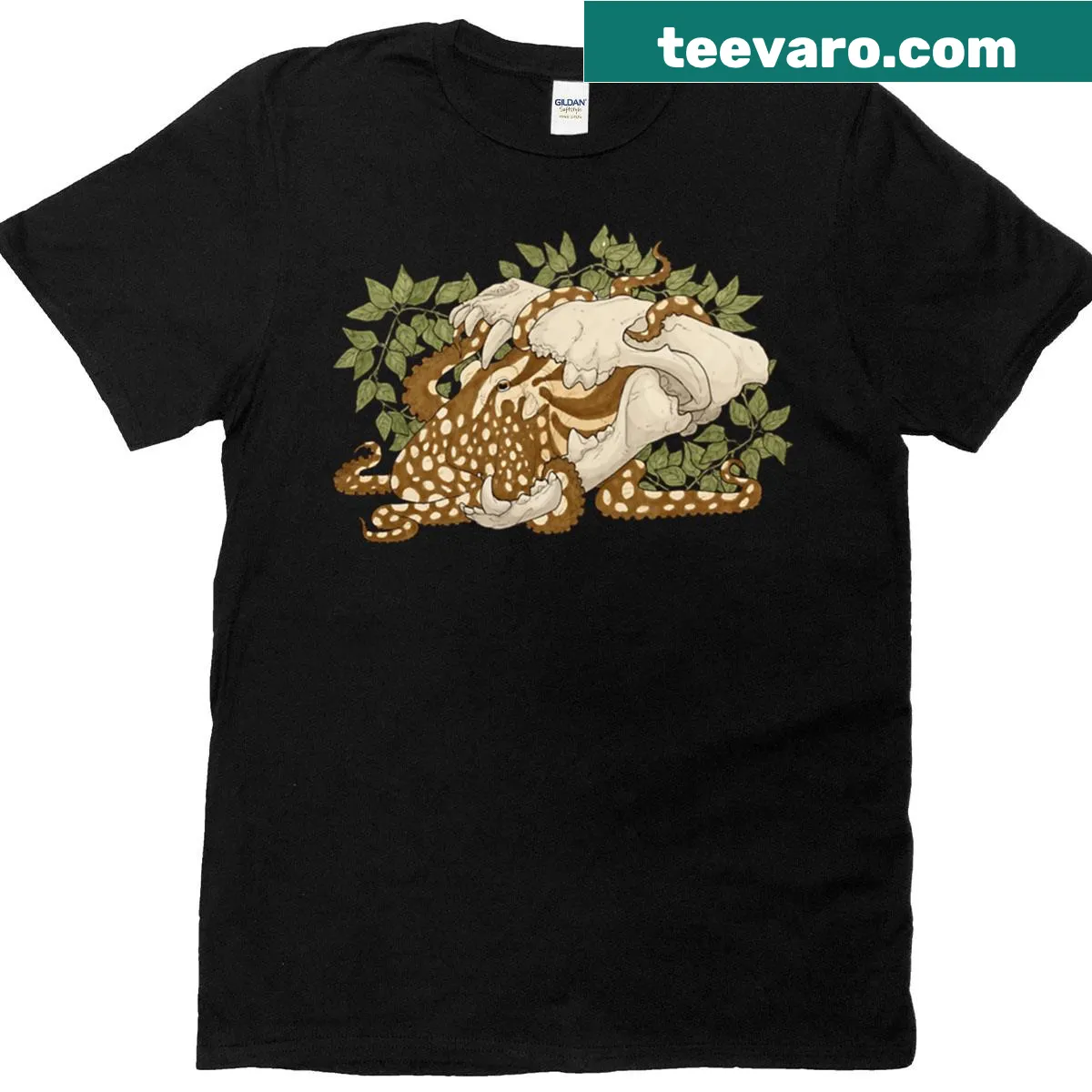 Illustrative T-shirt featuring a wolf skull and octopus — on a men's t-shirt
