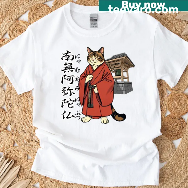 Illustrated Zen Cat with 'Namu Amida Butsu' text