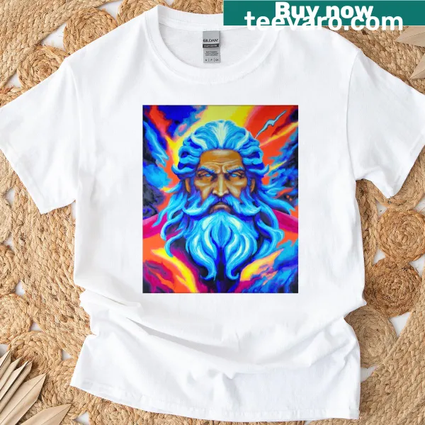 Illustration of Zeus with lightning bolts on a t-shirt