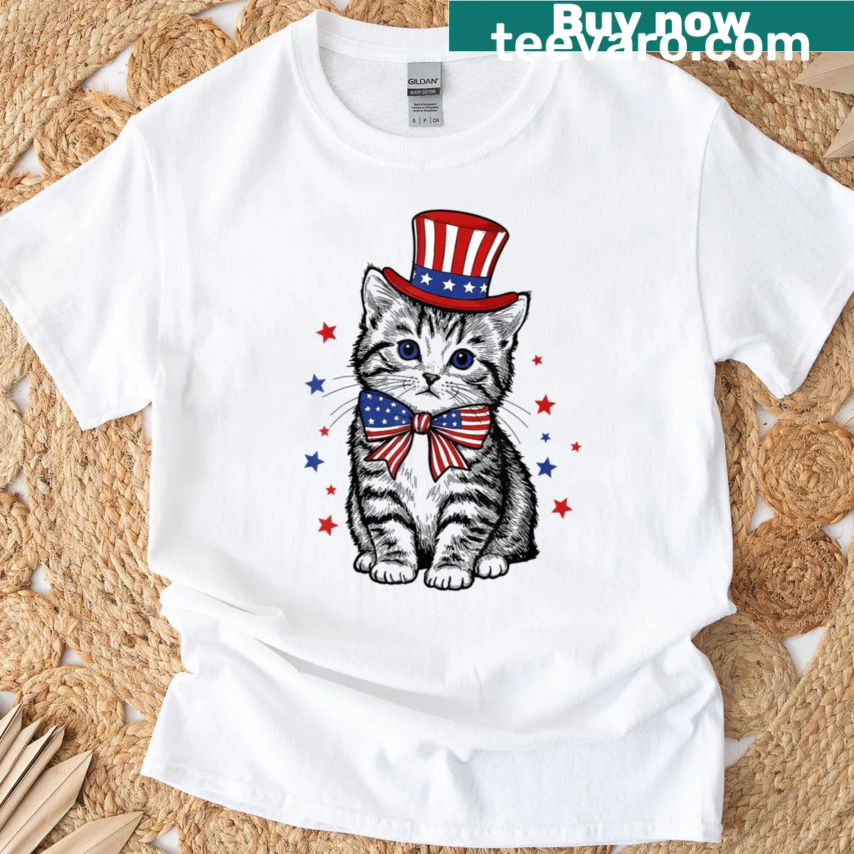 Patriotic illustration of a cat for 4th of July — on a men's t-shirt