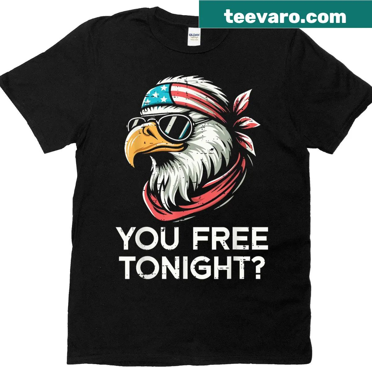 Funny 4th of July eagle with 'You Free Tonight?' text — on a men's t-shirt