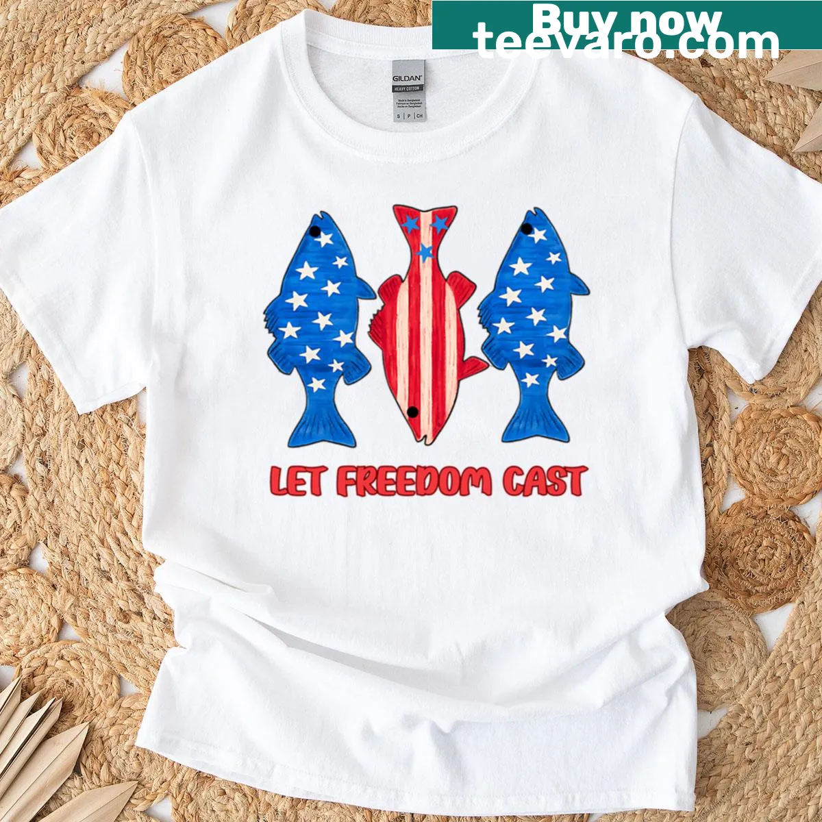 Independence Day T-shirt with bass fishing graphic — on a men's t-shirt