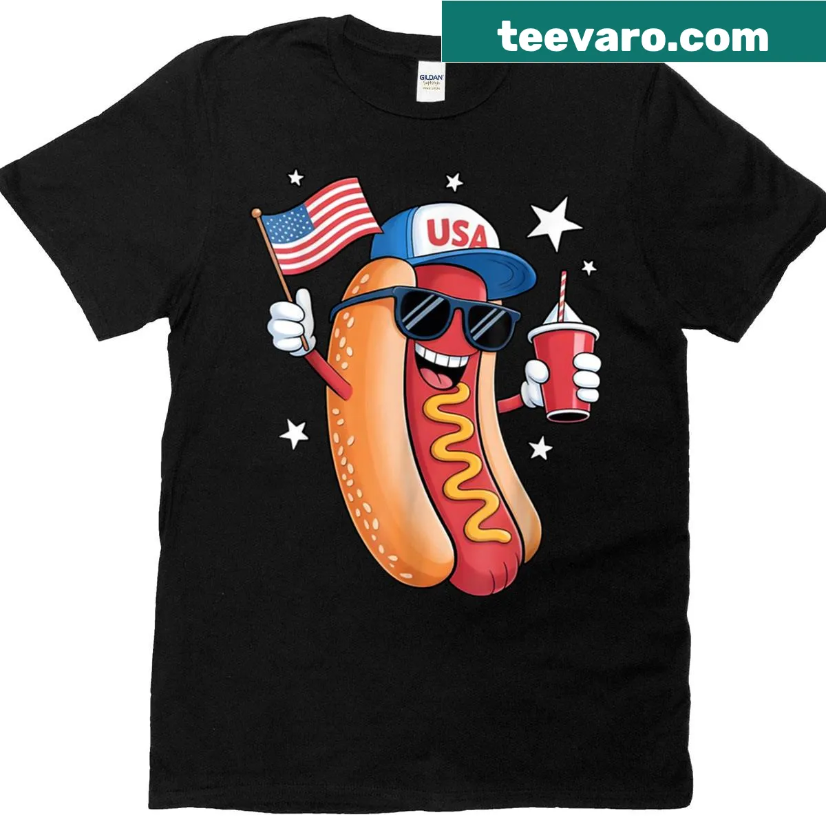 Funny Fourth of July shirt featuring a hotdog and patriotic flags — on a men's t-shirt