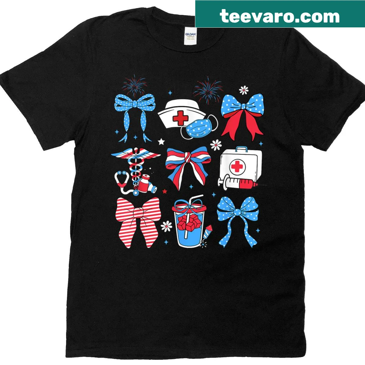 Nurse-themed Fourth of July shirt with stethoscope and bow — on a men's t-shirt