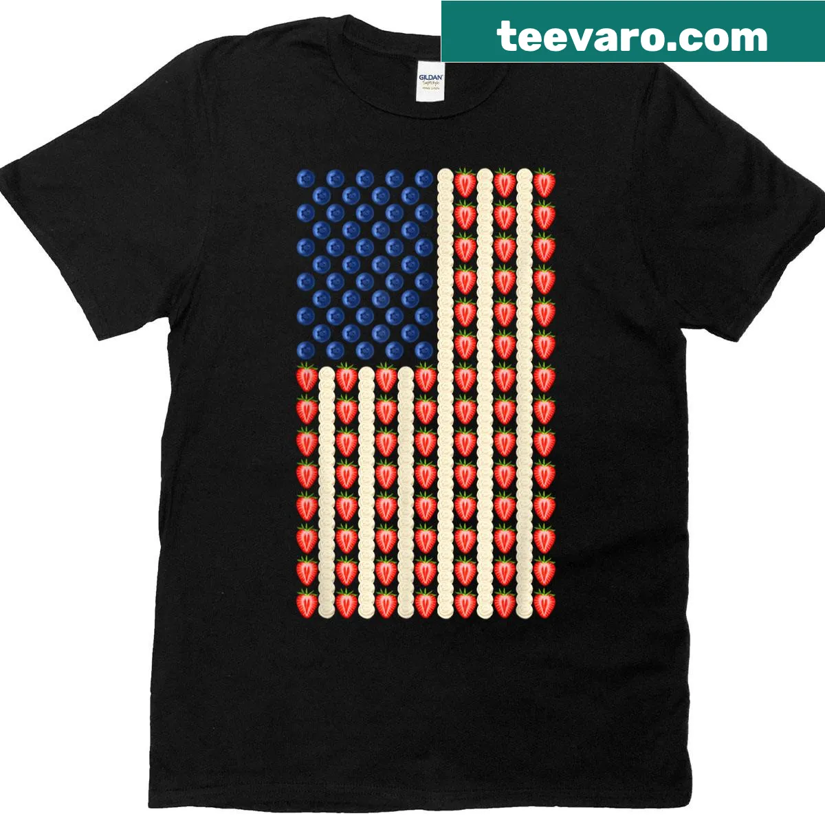 Illustrative T-shirt with a strawberry jello cake and USA flag design — on a men's t-shirt