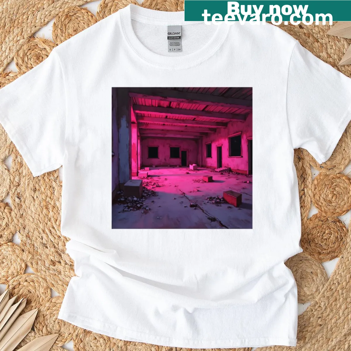 Abstract design of an abandoned pink room in glitchcore style — on a men's t-shirt