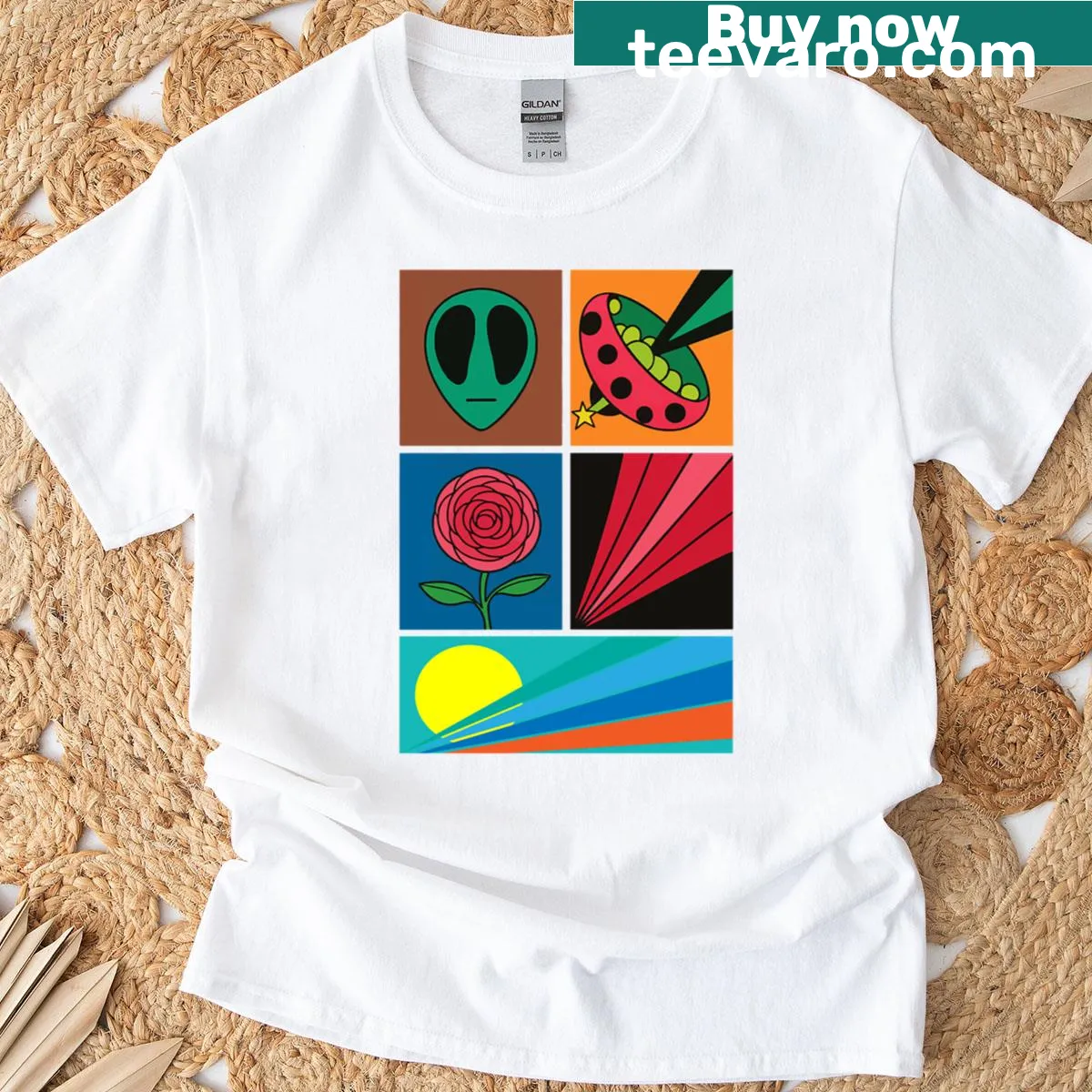Abstract retro art t-shirt featuring vintage-inspired design — on a men's t-shirt