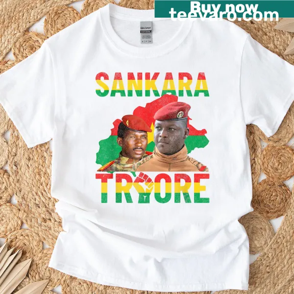 Illustrative t-shirt featuring Thomas Sankara and Ibrahim Traore focused on resistance.