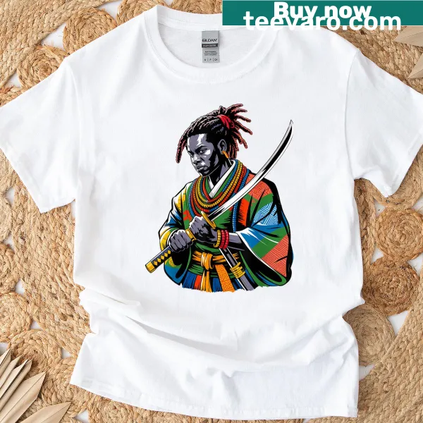 Afro American samurai anime cartoon T-shirt featuring a warrior in bold illustration
