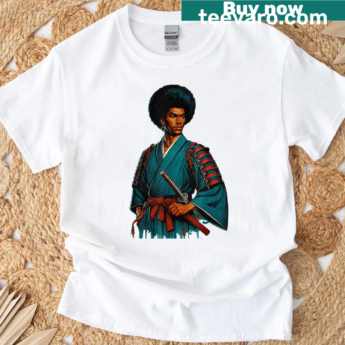 Cartoon design of an Afro American samurai — on a men's t-shirt