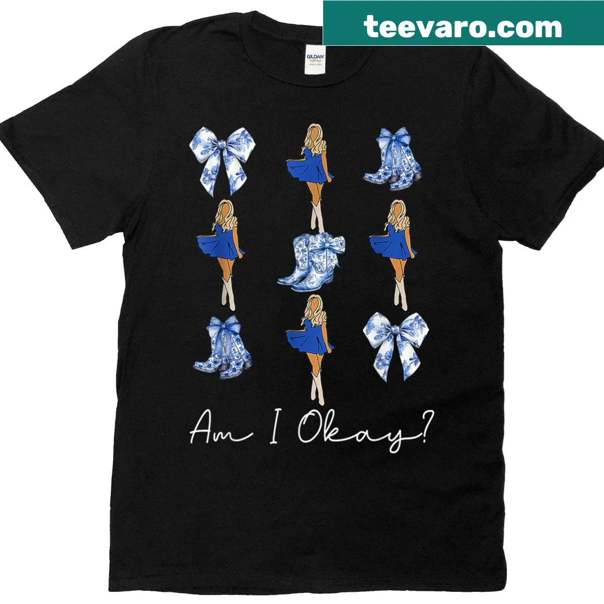Graphic of a boot with bow and text 'Am I Okay' for women — on a men's t-shirt
