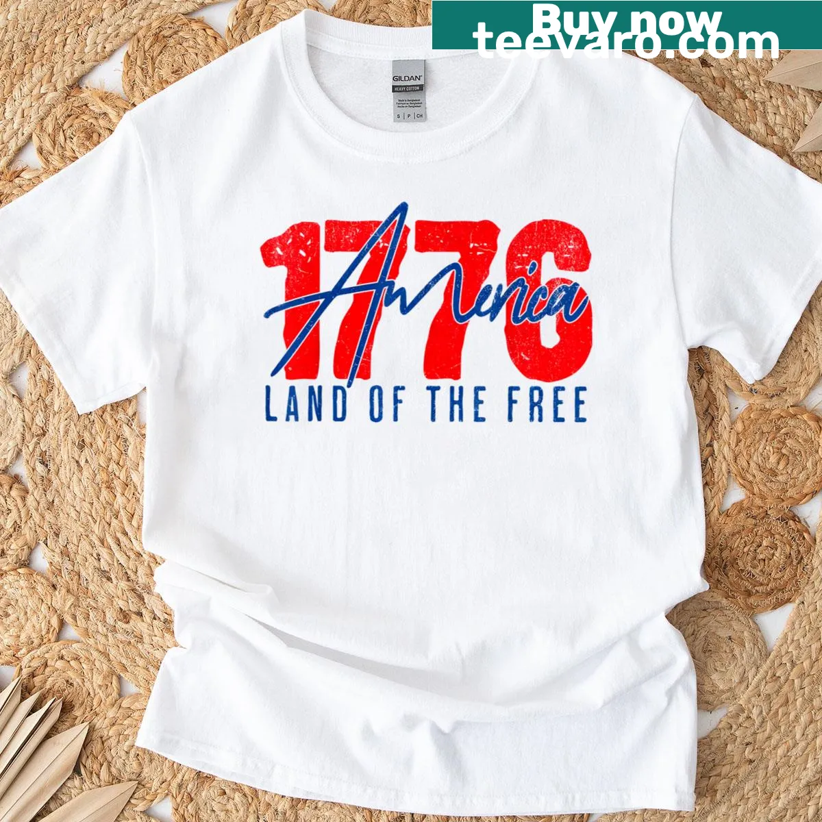 Patriotic t-shirt with 'America Est 1776' and 'Land Of The Free' design. — on a men's t-shirt