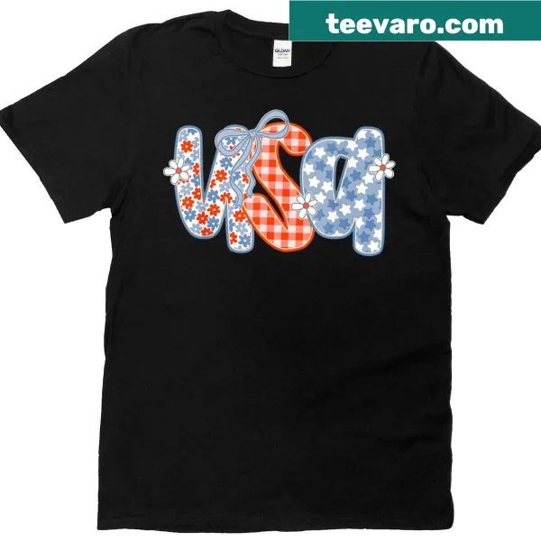 Patriotic T-shirt with coquette bow emblem for 4th of July