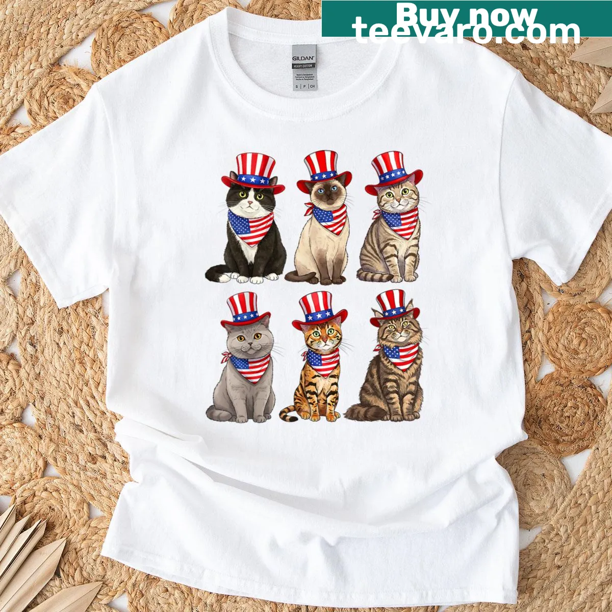 Patriotic t-shirt with a cat wearing a hat for the Fourth of July — on a men's t-shirt