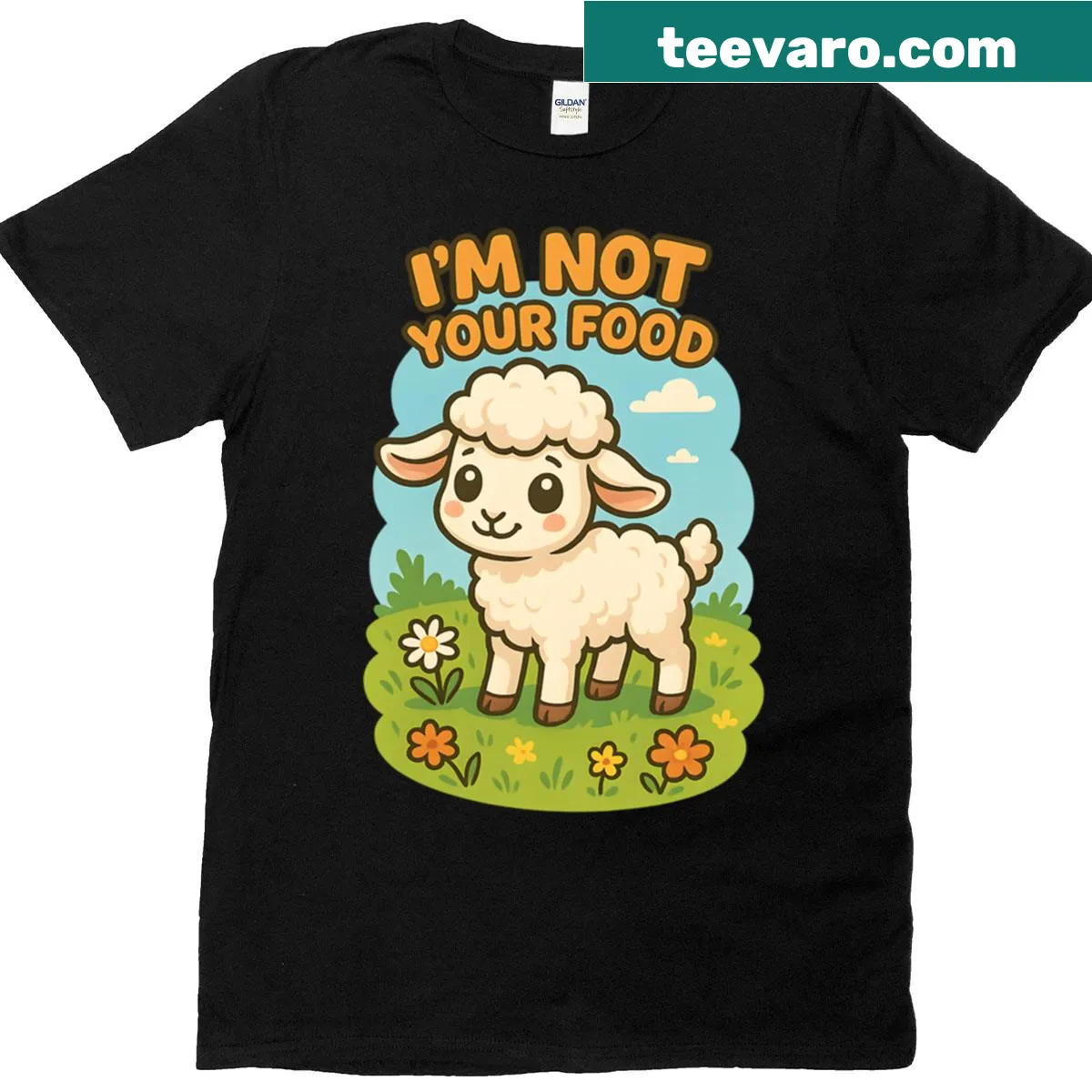 Animals Are Not Food t-shirt featuring lamb graphics and a heartfelt message — on a men's t-shirt