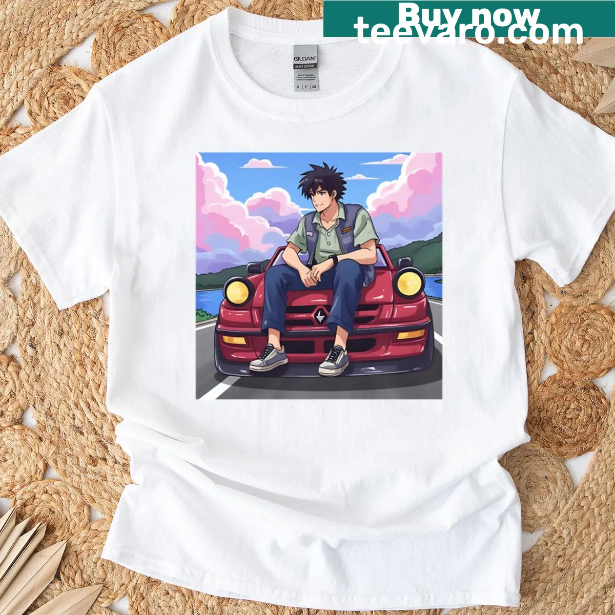 Cartoon t-shirt featuring a guy sitting on a red car — on a men's t-shirt
