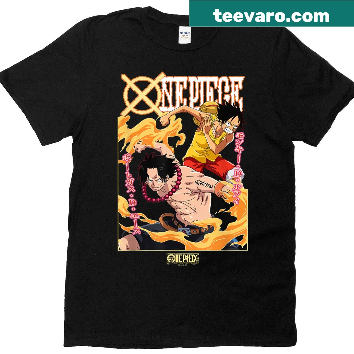 Illustrated T-shirt featuring Ace and Luffy with kanji design — on a men's t-shirt