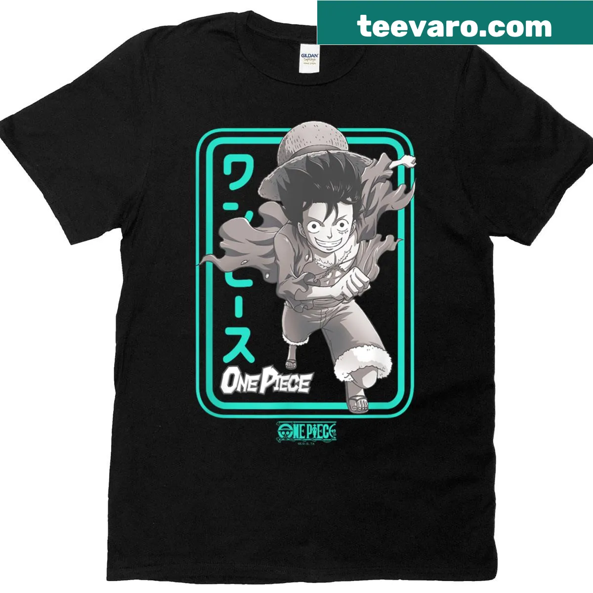 Luffy in action within an aqua frame for anime fans — on a men's t-shirt