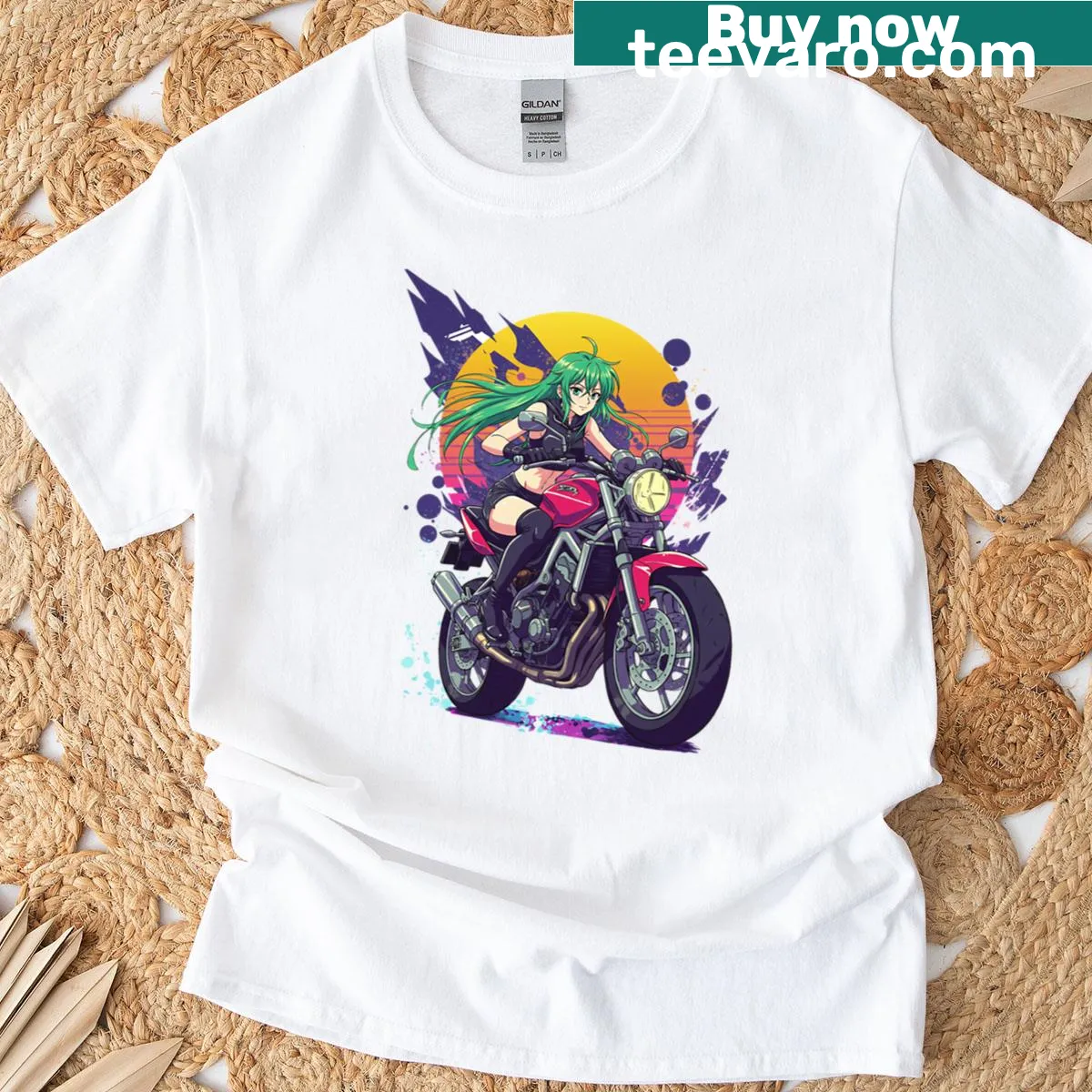 Oversized T-shirt with anime girl on a retro motorcycle — on a men's t-shirt