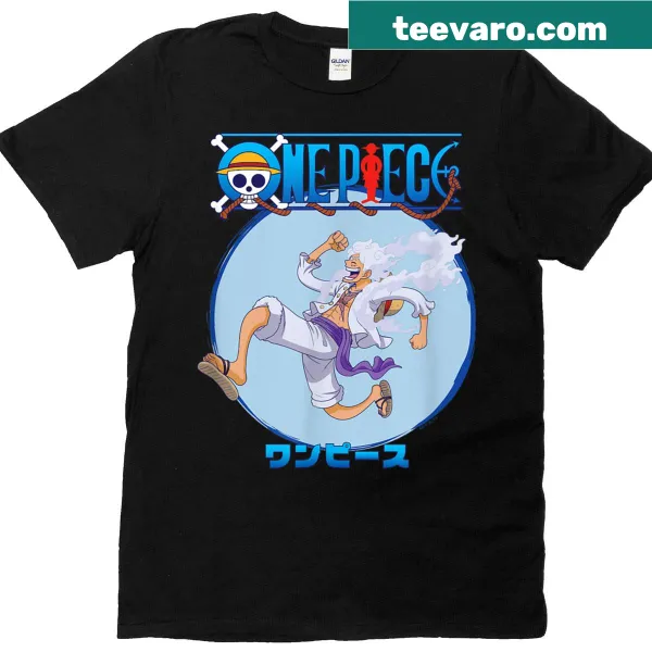 Luffy Gear 5 in action pose graphic on T-shirt