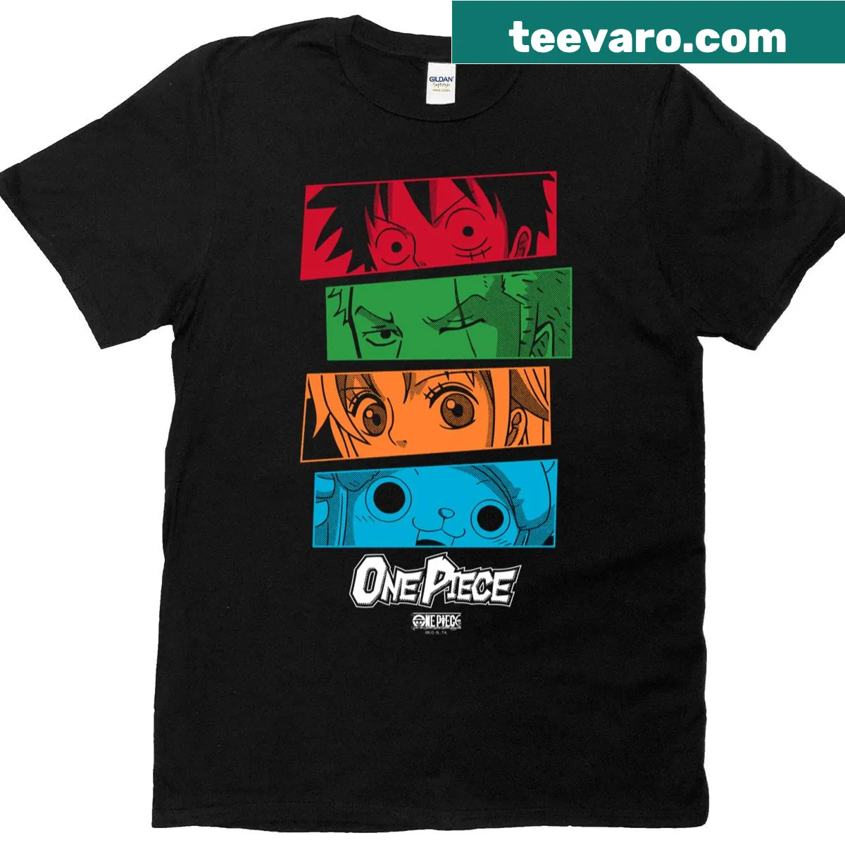 Anime Straw Hat Crew t-shirt featuring the eyes of key characters from the series — on a men's t-shirt
