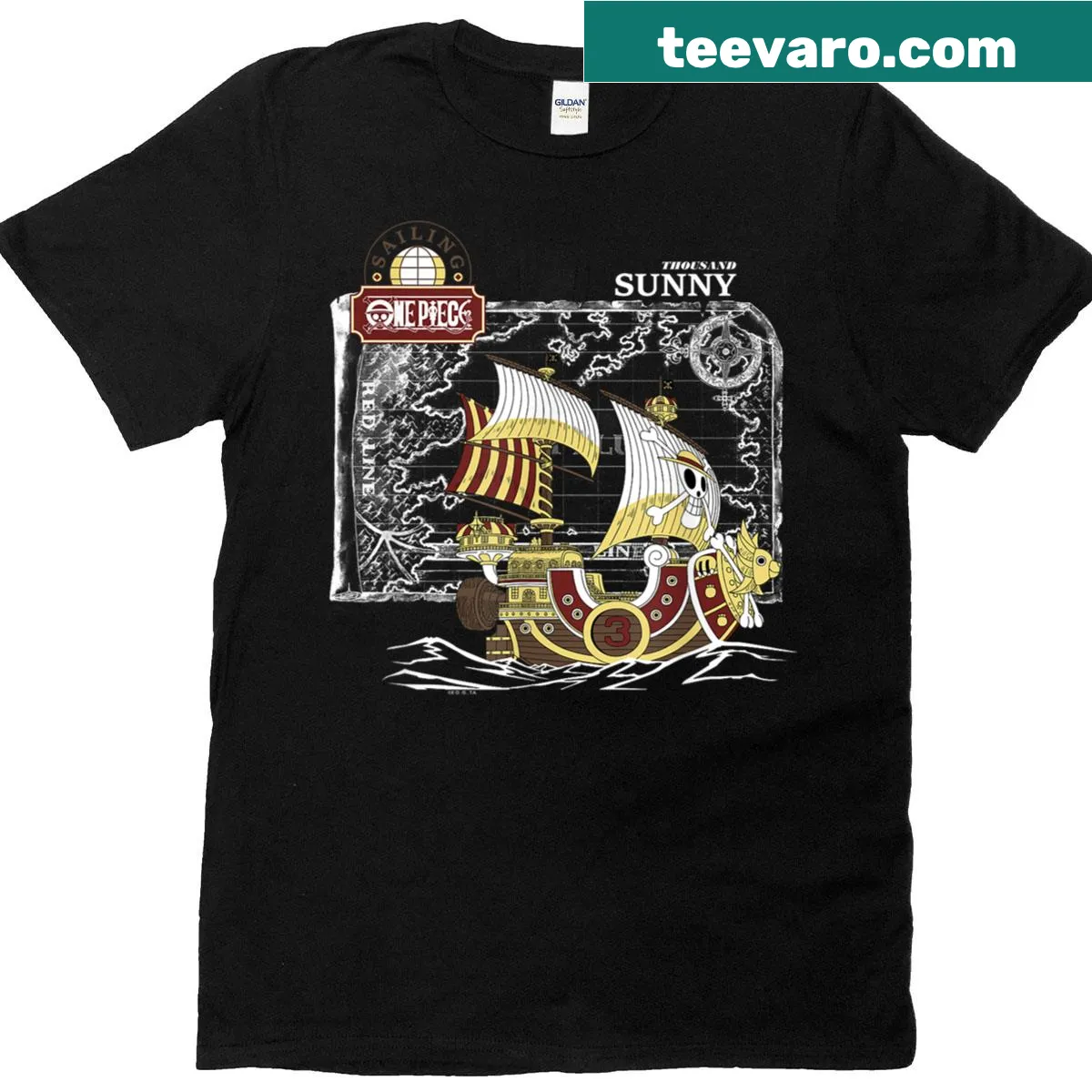 Anime Thousand Sunny ship t-shirt featuring a detailed illustration with a map and logo — on a men's t-shirt