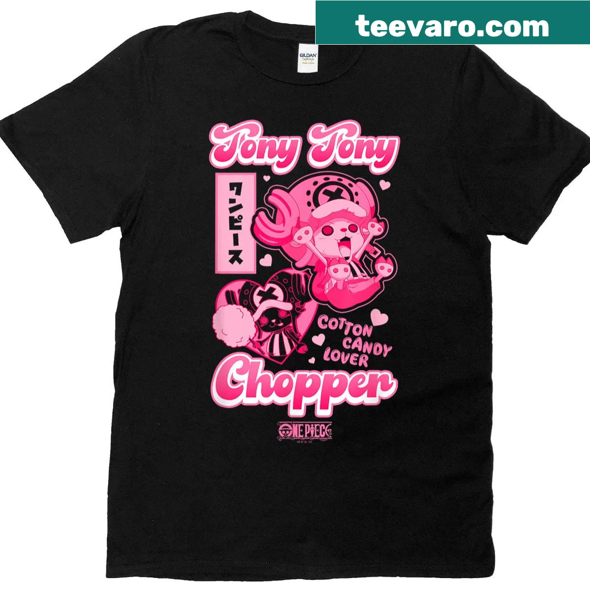 Cute T-shirt featuring Tony Tony Chopper with pink hearts — on a men's t-shirt