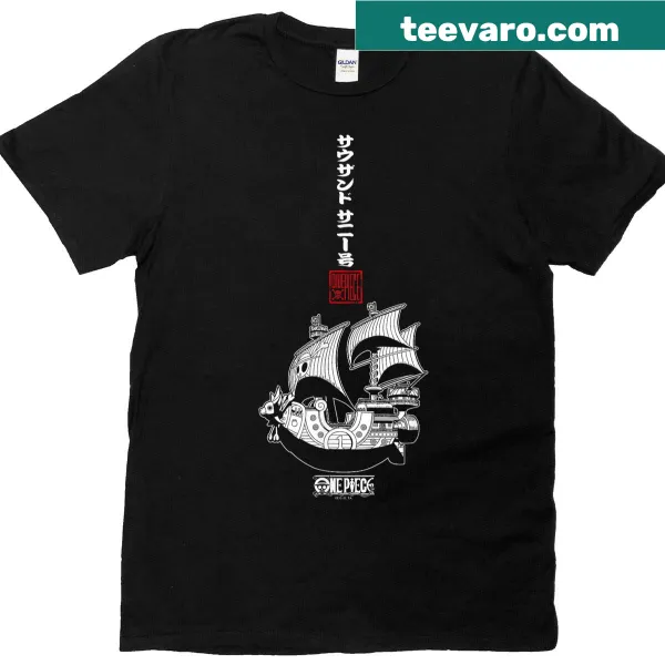 Anime T-shirt featuring Thousand Sunny pirate ship and vertical kanji design